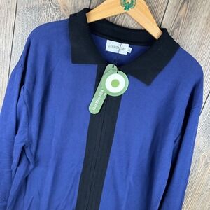 Oxknit Blue Black Full Zip Knit Polo Sweater 100% Cotton Mens 2XL Mod Retro